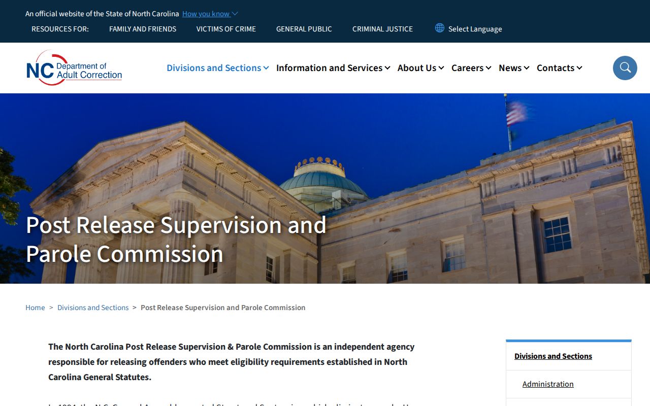 Currituck County parole review page showing no formal North Carolina hearings